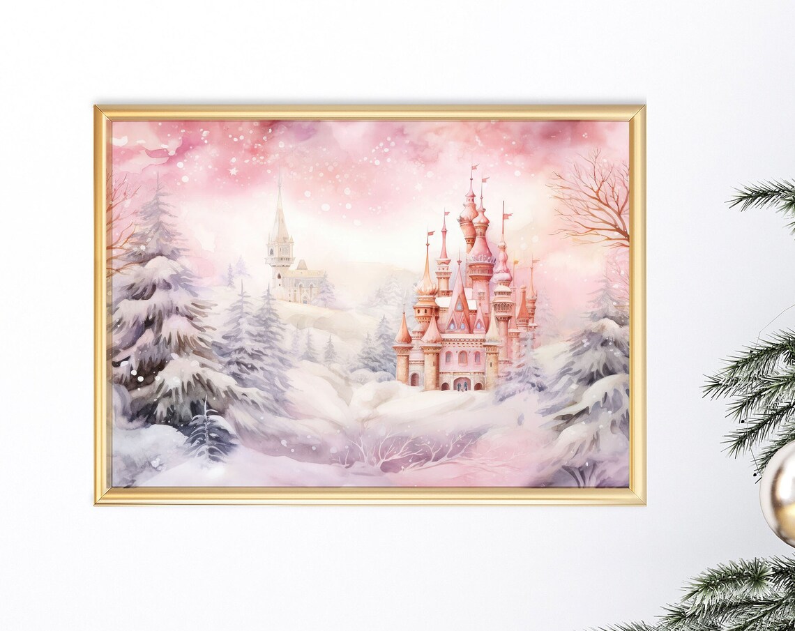 Pink Watercolor Castle Snowy Winter Forest Christmas Art Poster