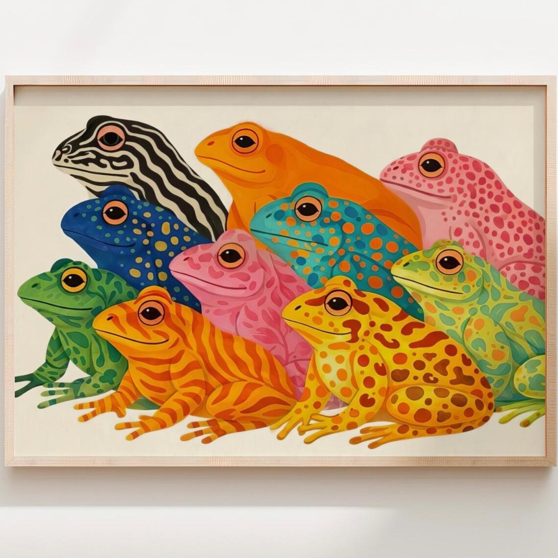 Colorful Frog Print Playful Maximalist Wall Art Dopamine Decor Cute Toads Poster Eclectic Gallery Vibrant Rainbow Illustration