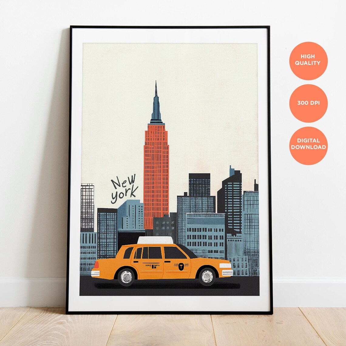 New York Yellow Taxi Empire State Skyline Illustration Poster - Image 4