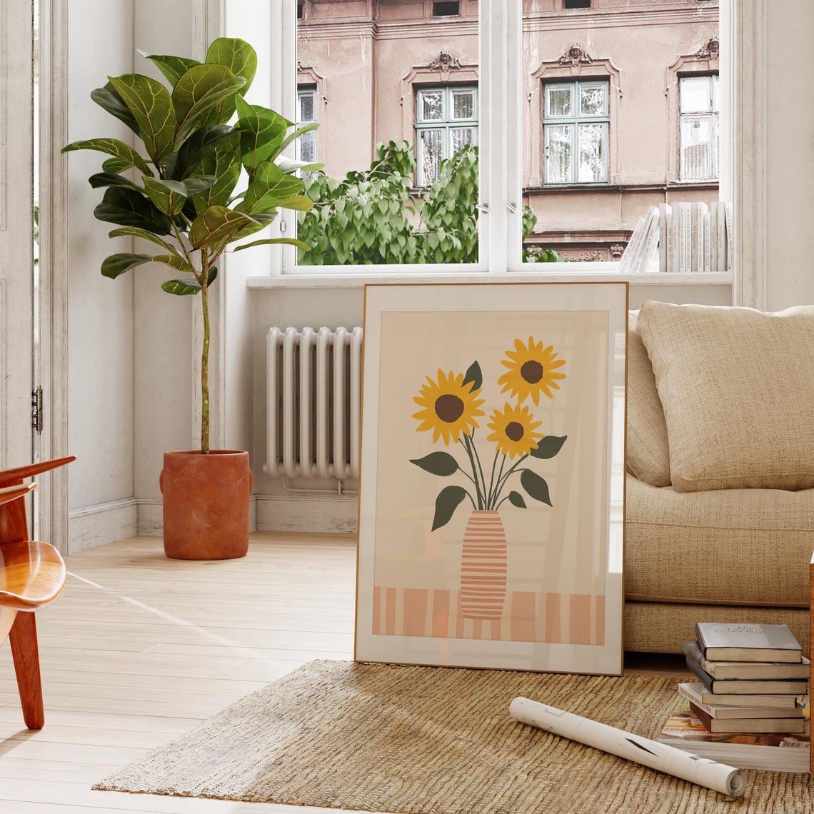 Yellow Sunflowers in Striped Vase Minimalist Botanical Art Poster - Image 3