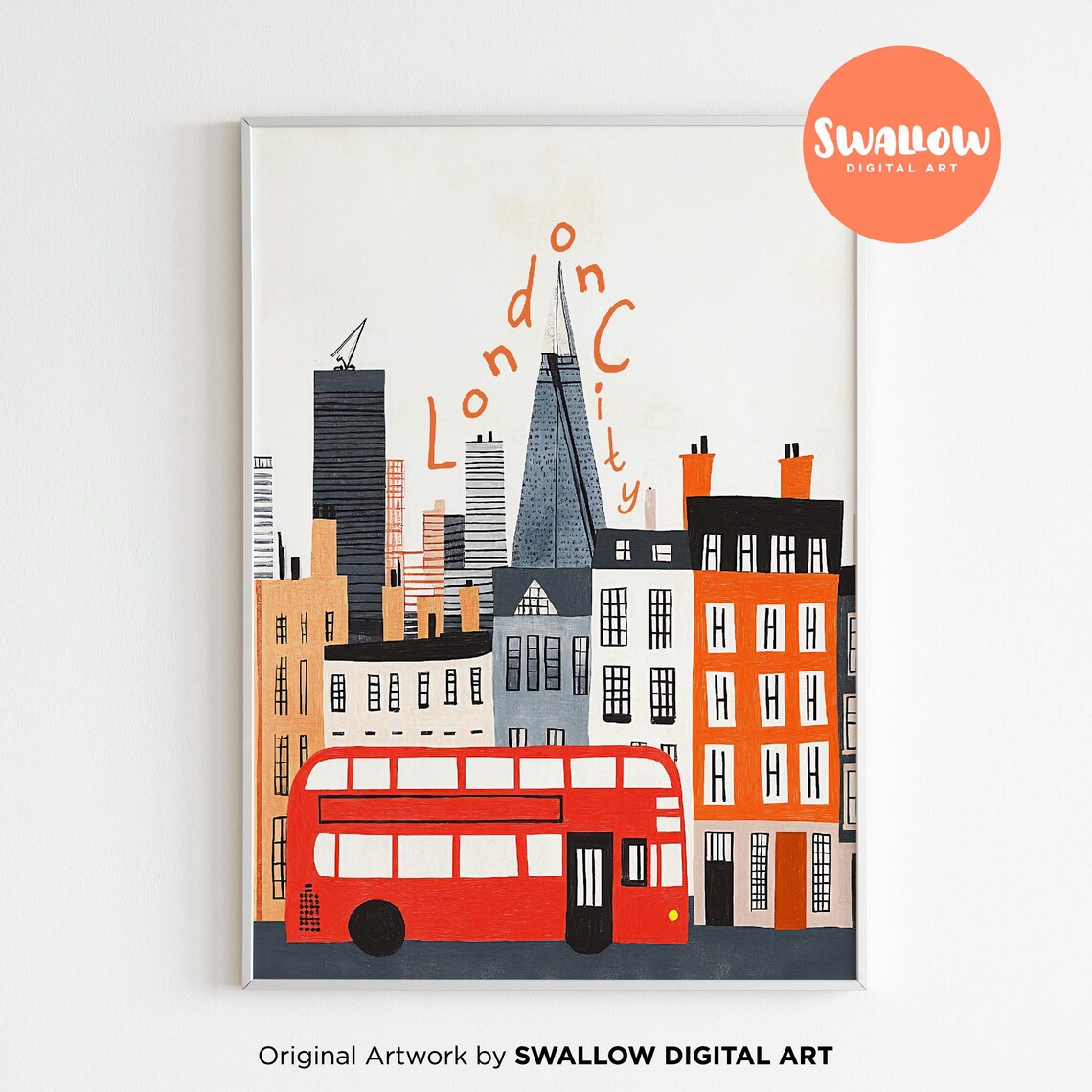 London City Red Bus Shard Skyline Handwritten Illustration Poster - Image 2