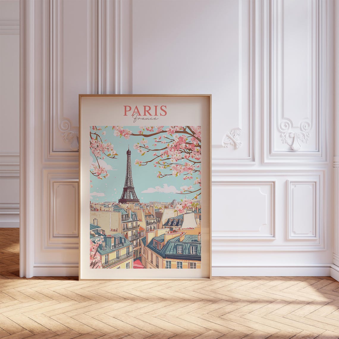 Paris France Eiffel Tower Cherry Blossom Rooftop Travel Poster - Image 2