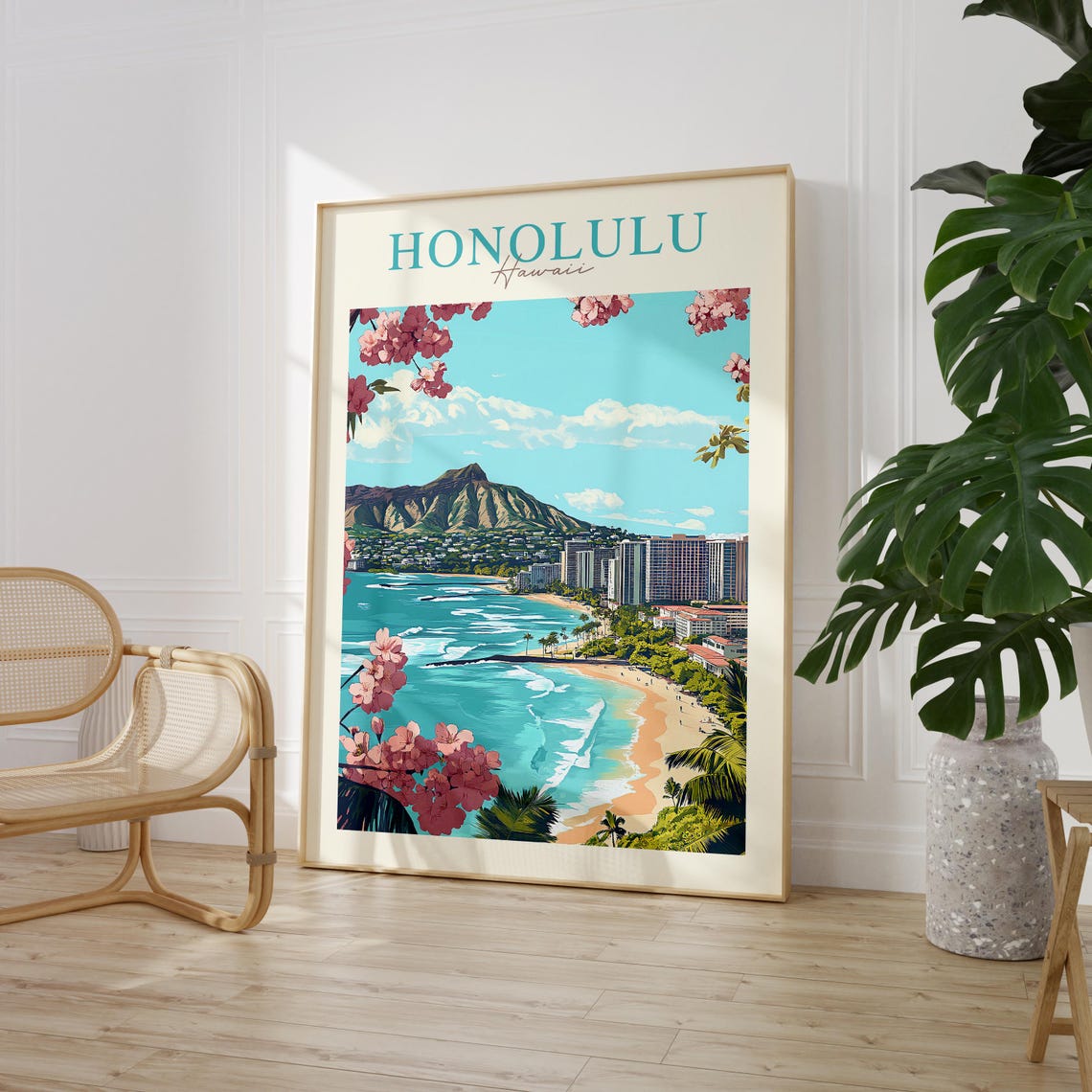 Honolulu Hawaii Vintage Diamond Head Waikiki Beach Travel Poster - Image 2