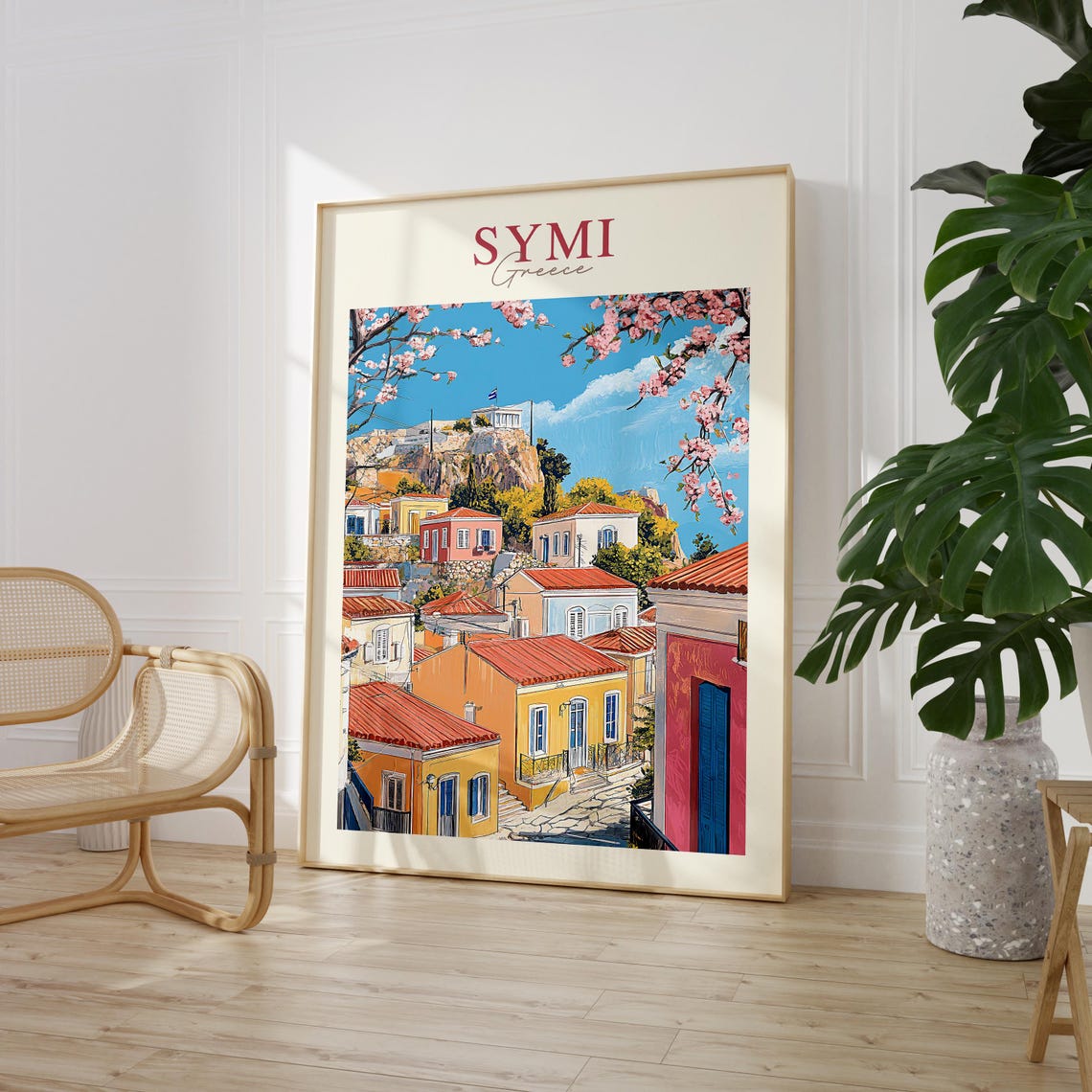 Symi Greece Colorful Island Houses Cherry Blossom Travel Poster - Image 2