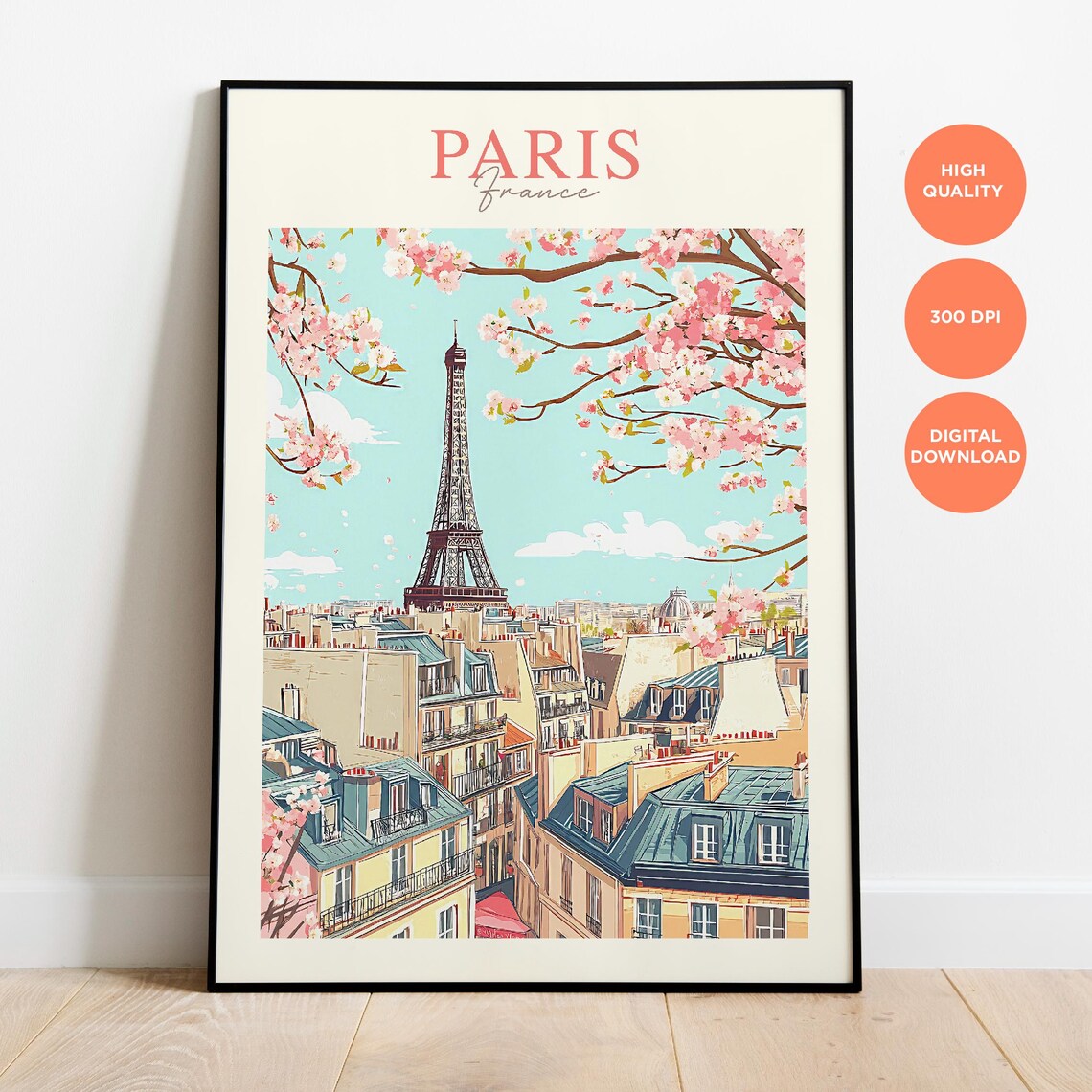 Paris France Eiffel Tower Cherry Blossom Rooftop Travel Poster - Image 3