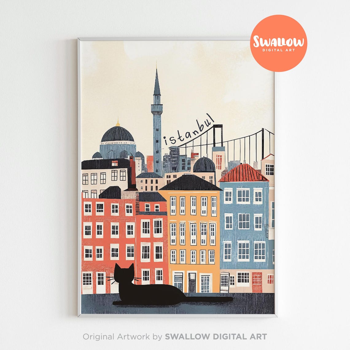 Istanbul Handwritten Cat Cartoon Cityscape Illustration Poster - Image 2