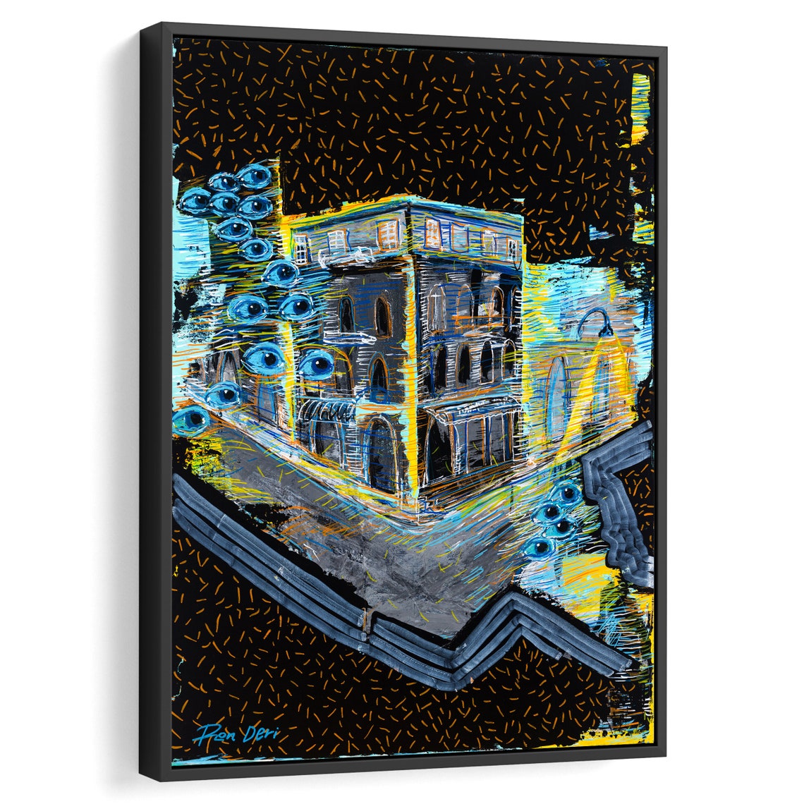 A Desolated Land Surreal Neon Lit Building With Eyes Art Poster - Image 3