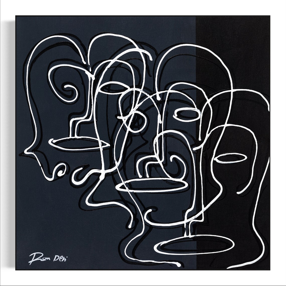 Two White Line Art Faces on Black Modern Minimalist Abstract Poster - Image 4