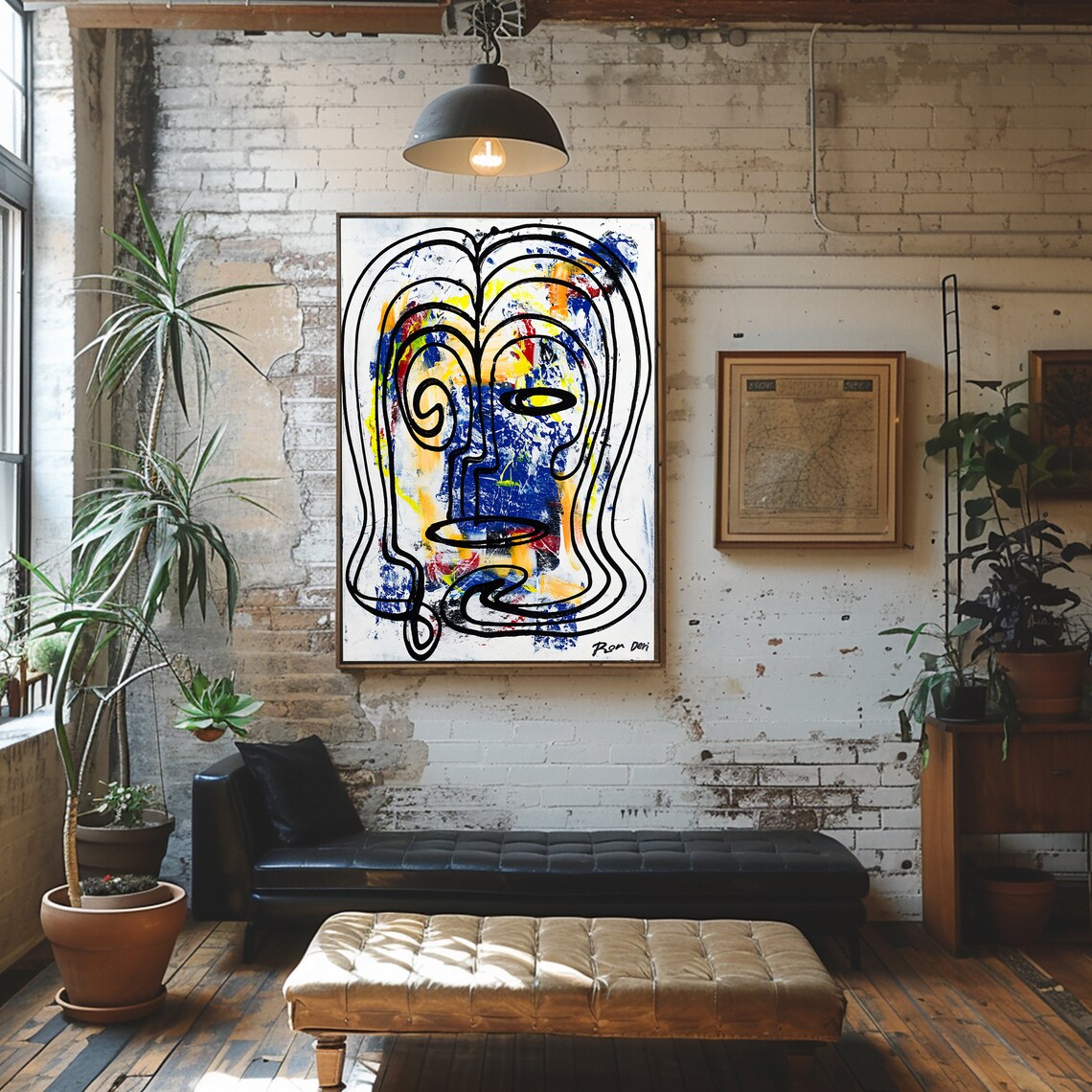 Black Line Art Face Over Blue Yellow Red Splashes Vertical Poster - Image 4