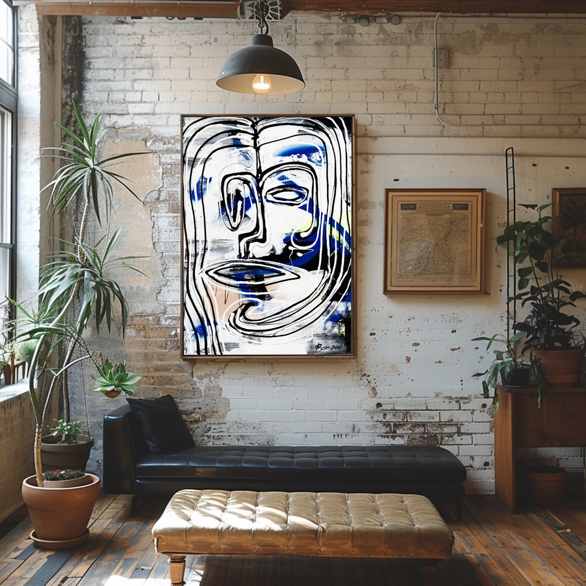 Line Art Face in Black and White with Blue Accents Vertical Poster - Image 5