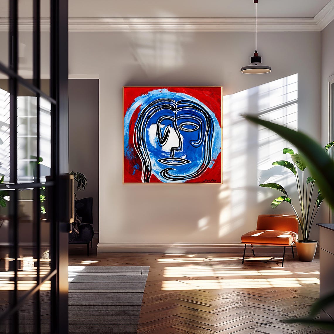Blue Line Face on Red Ground Square Dramatic Abstract Poster - Image 4