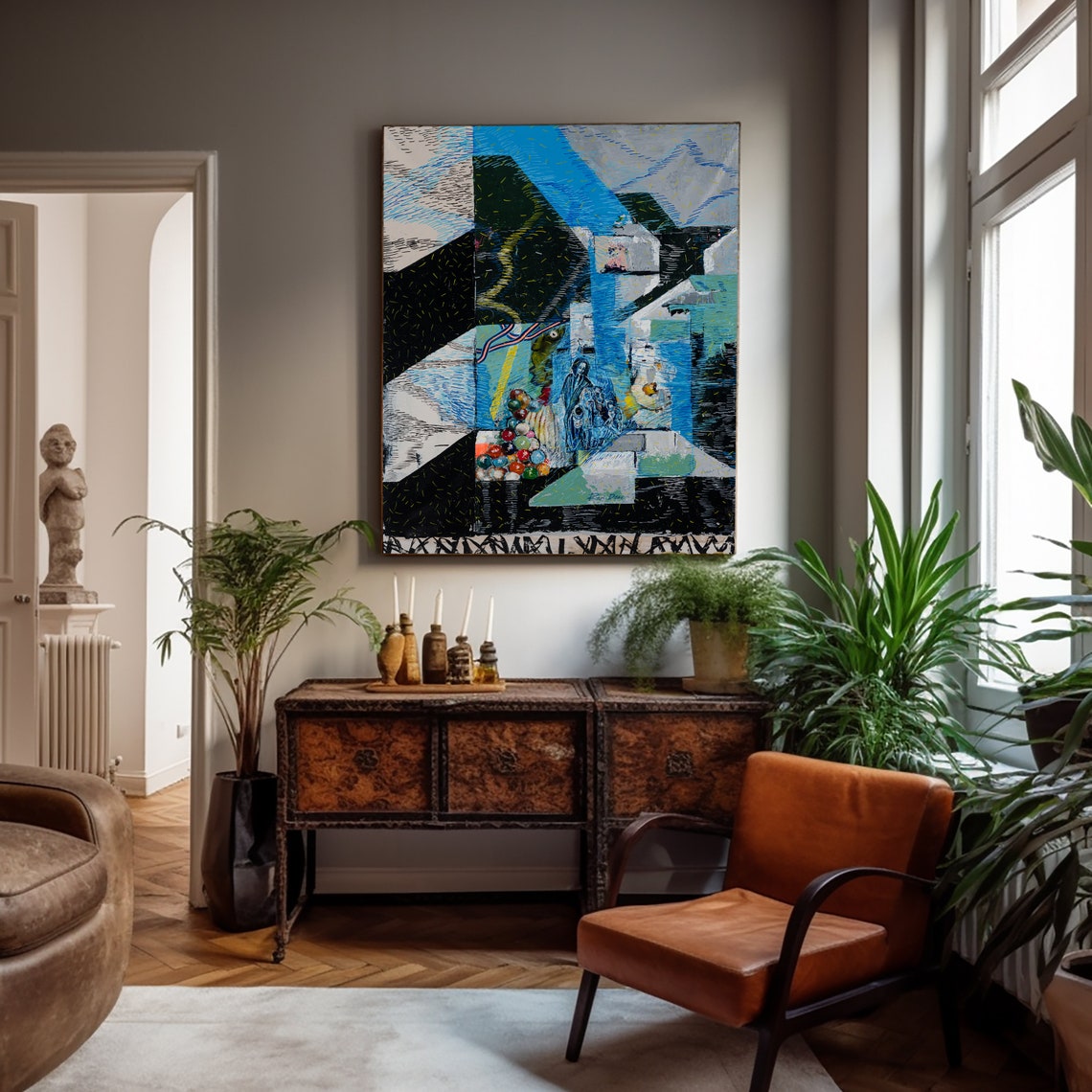 Blue Abstract With Colorful Balloon Shapes Painting By Ron Deri Poster - Image 3
