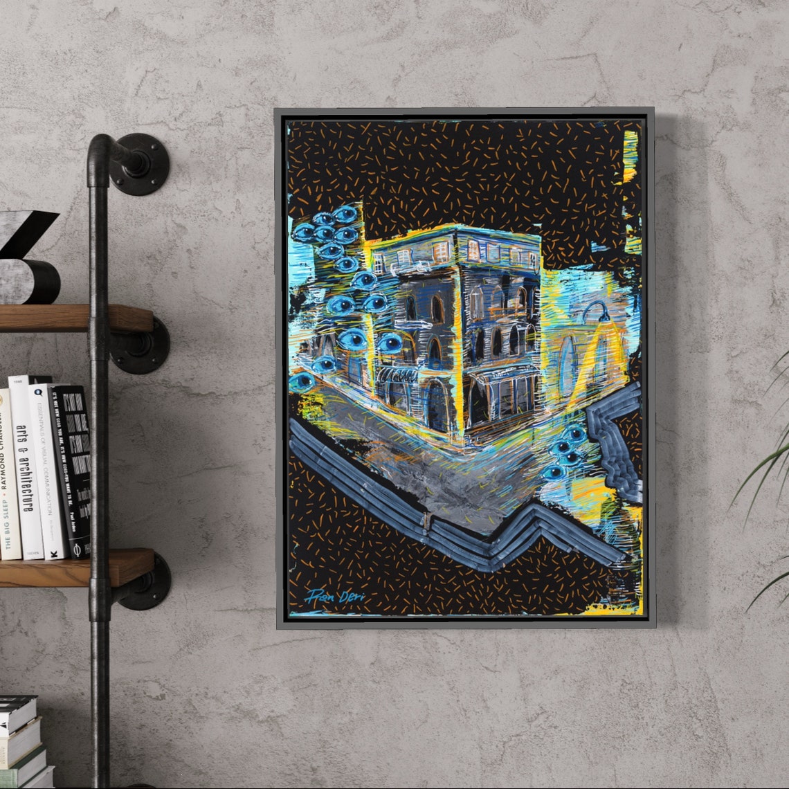 Blue Night Building Eyes Surreal Cityscape Abstract Art Poster