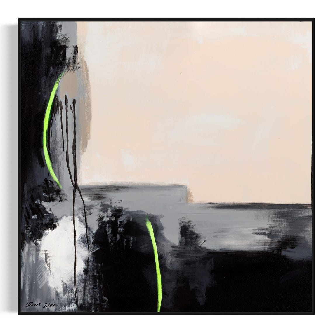 Minimalist Black Beige Abstract Poster with Neon Green Curved Lines - Image 4