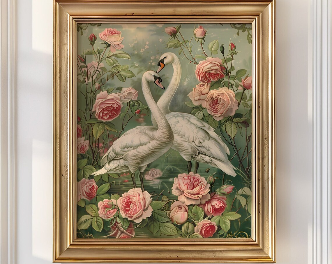 Two Swans Among Pink Roses Vintage Romantic Botanical Art Poster - Image 3