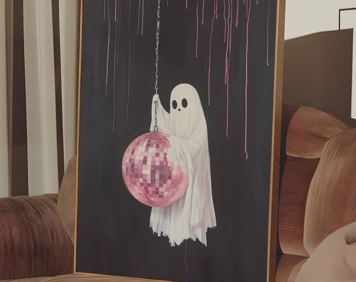 Cute Ghost Holding A Pink Disco Ball Spooky Halloween Decor Art Poster - Image 2