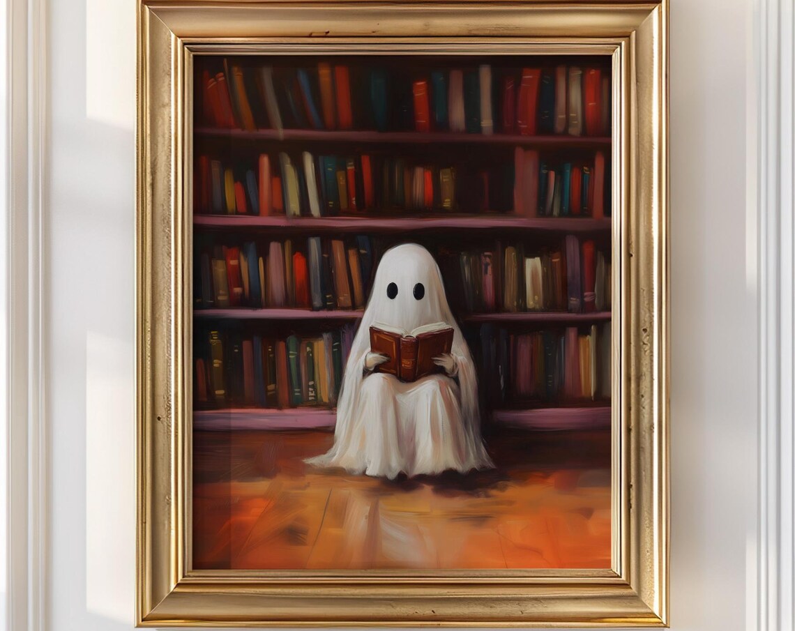 Cute Ghost Reading A Book In A Cozy Library Halloween Art Poster - Image 4