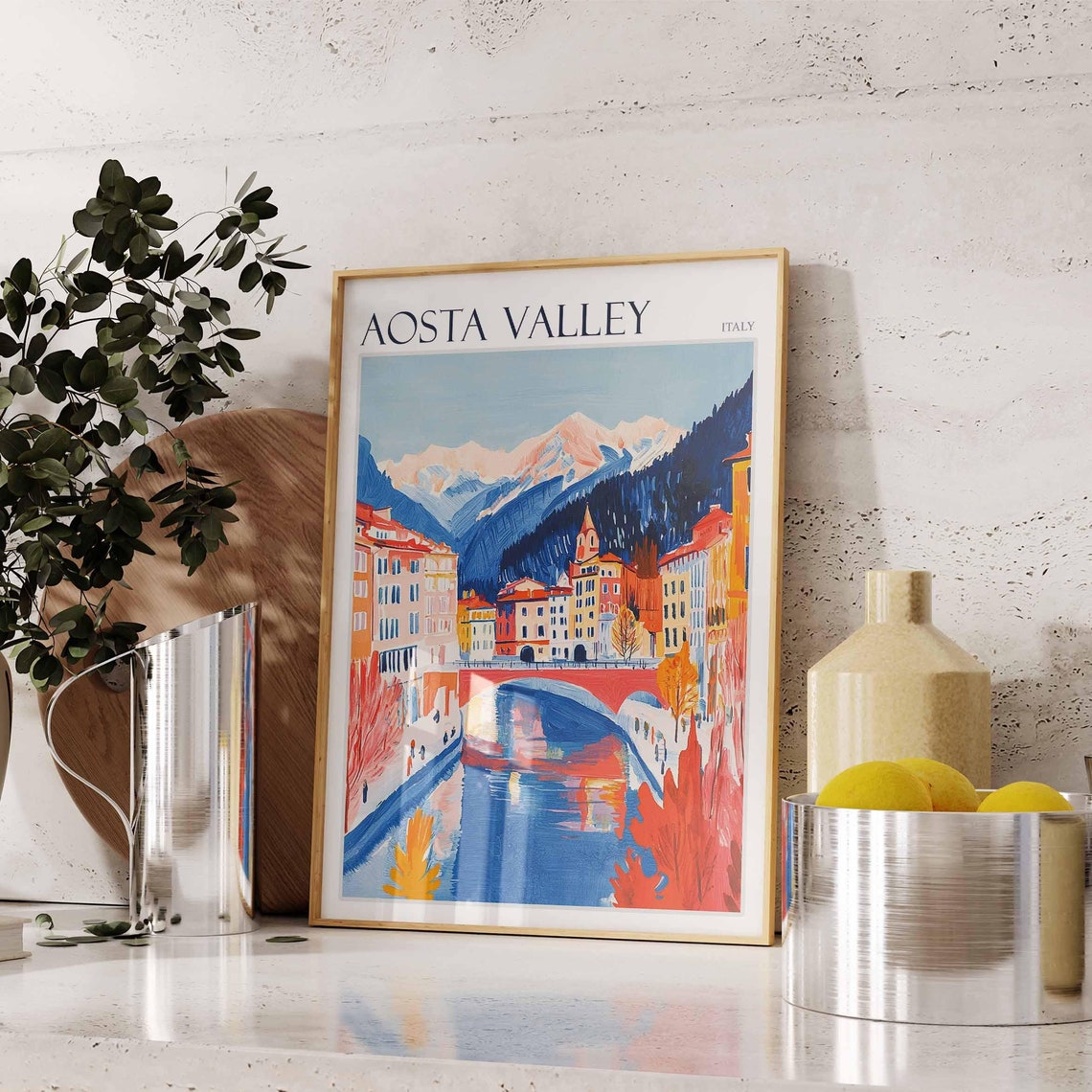 Aosta Valley Italy River Bridge Autumn Town Colors Scenic Poster