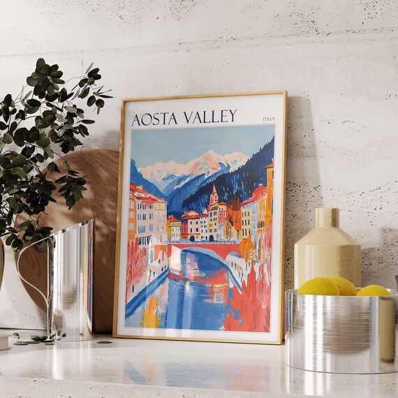 Aosta Valley Italy River Bridge Autumn Town Colors Scenic Poster
