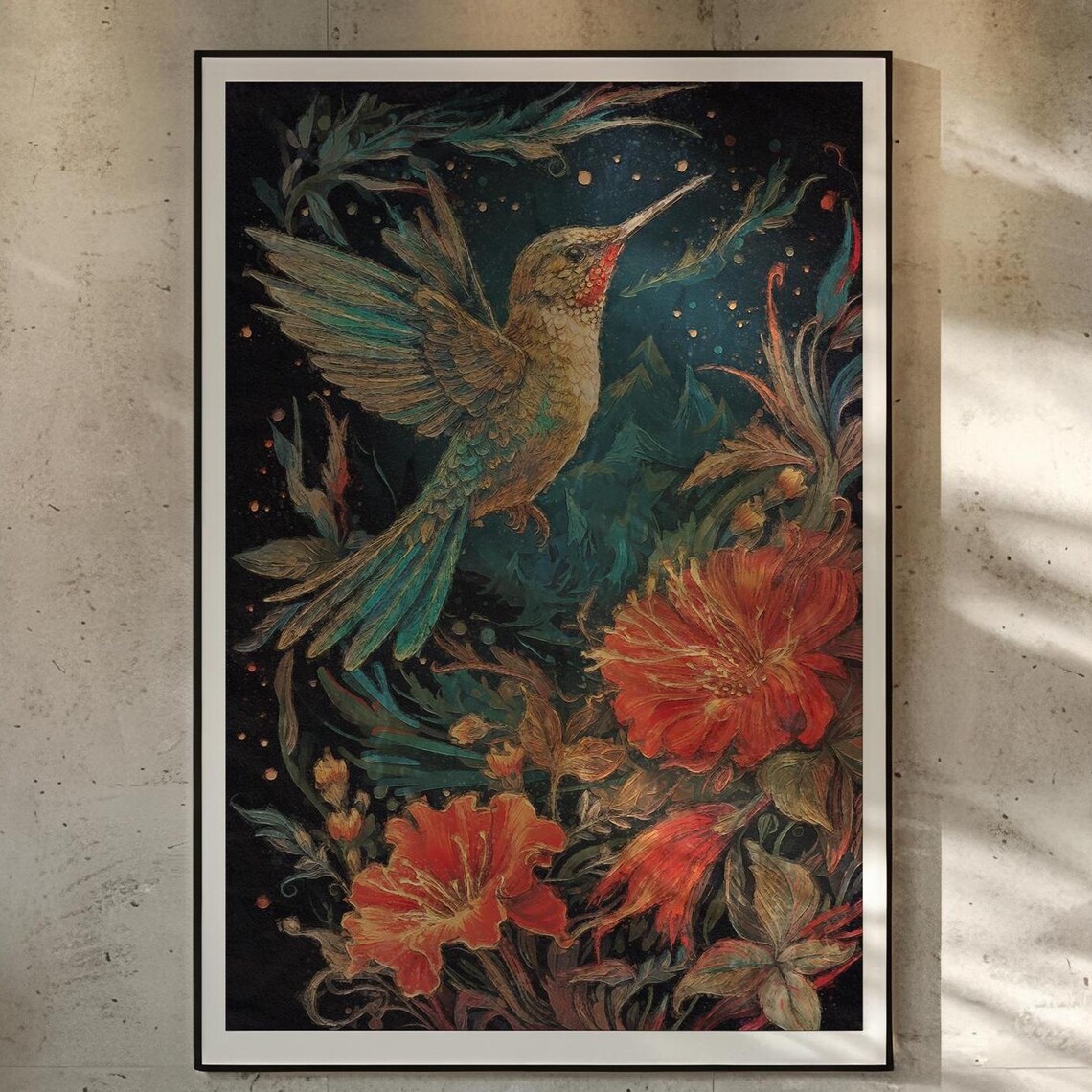 Hummingbird Among Red Flowers Dark Moody Botanical Art Poster
