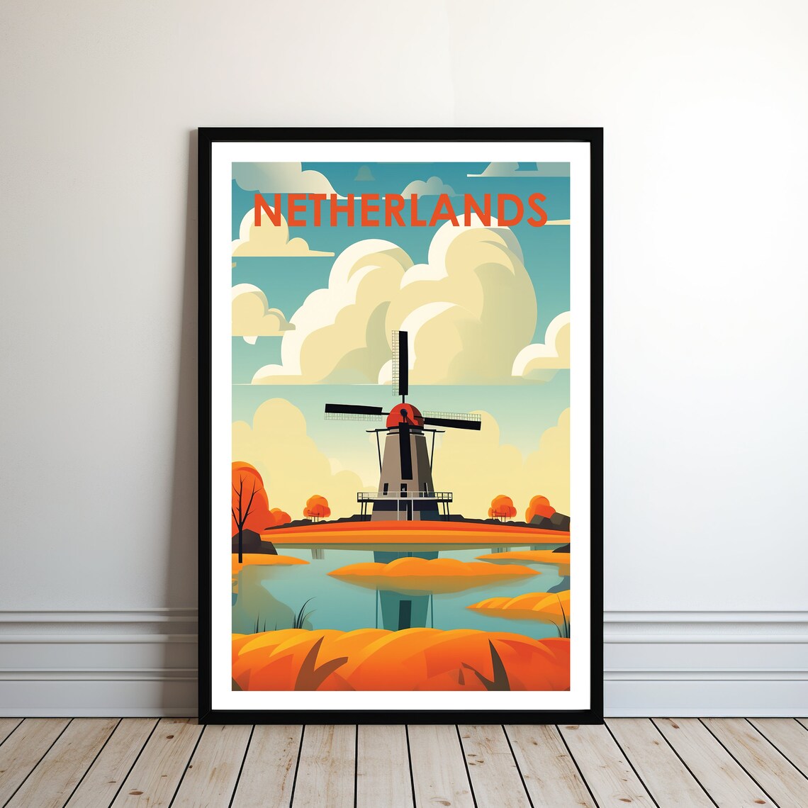 Netherlands Windmill Canal Reflection Autumn Travel Art Poster