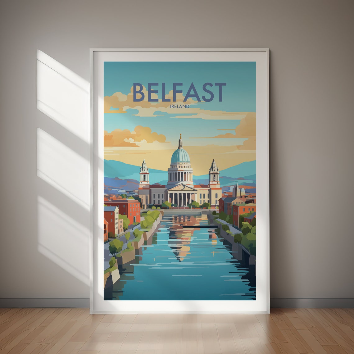 Belfast Ireland Domed Hall On River At Dusk Travel Art Poster