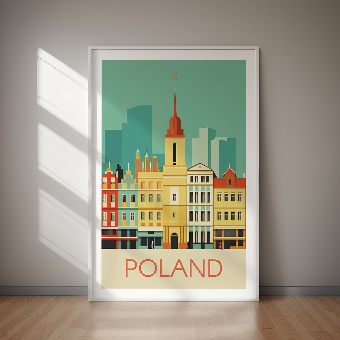 Poland Historic Townhouses Spire Teal Sky Retro Travel Poster