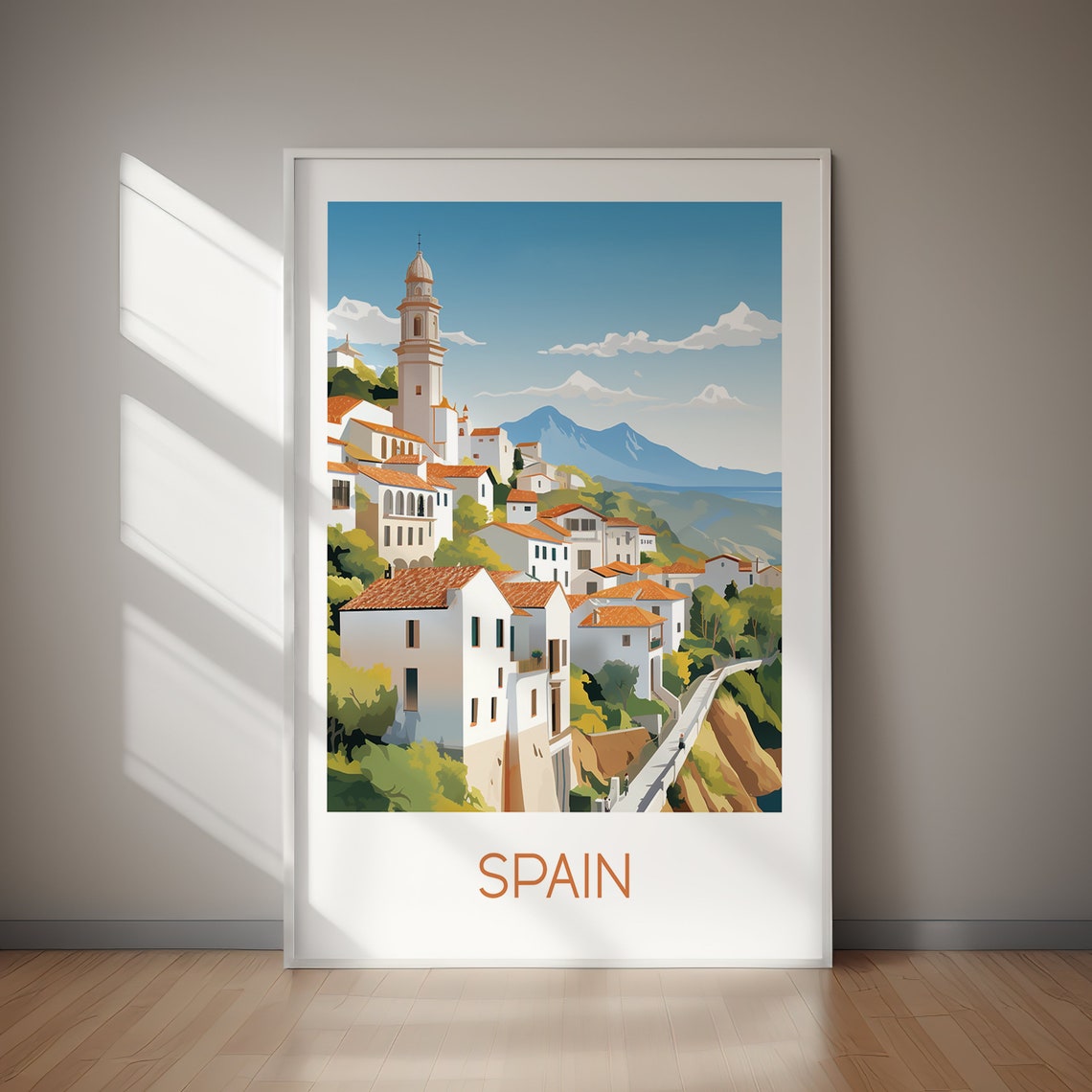 Spain White Hillside Village Church Tower Mountain Travel Poster