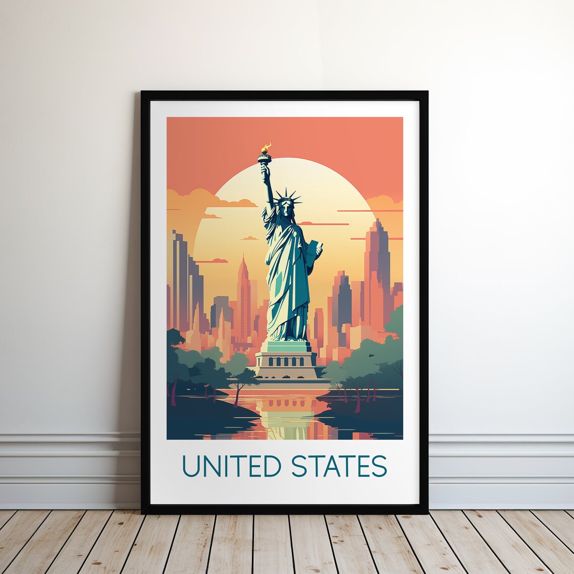 United States Statue of Liberty New York Sunset Travel Poster