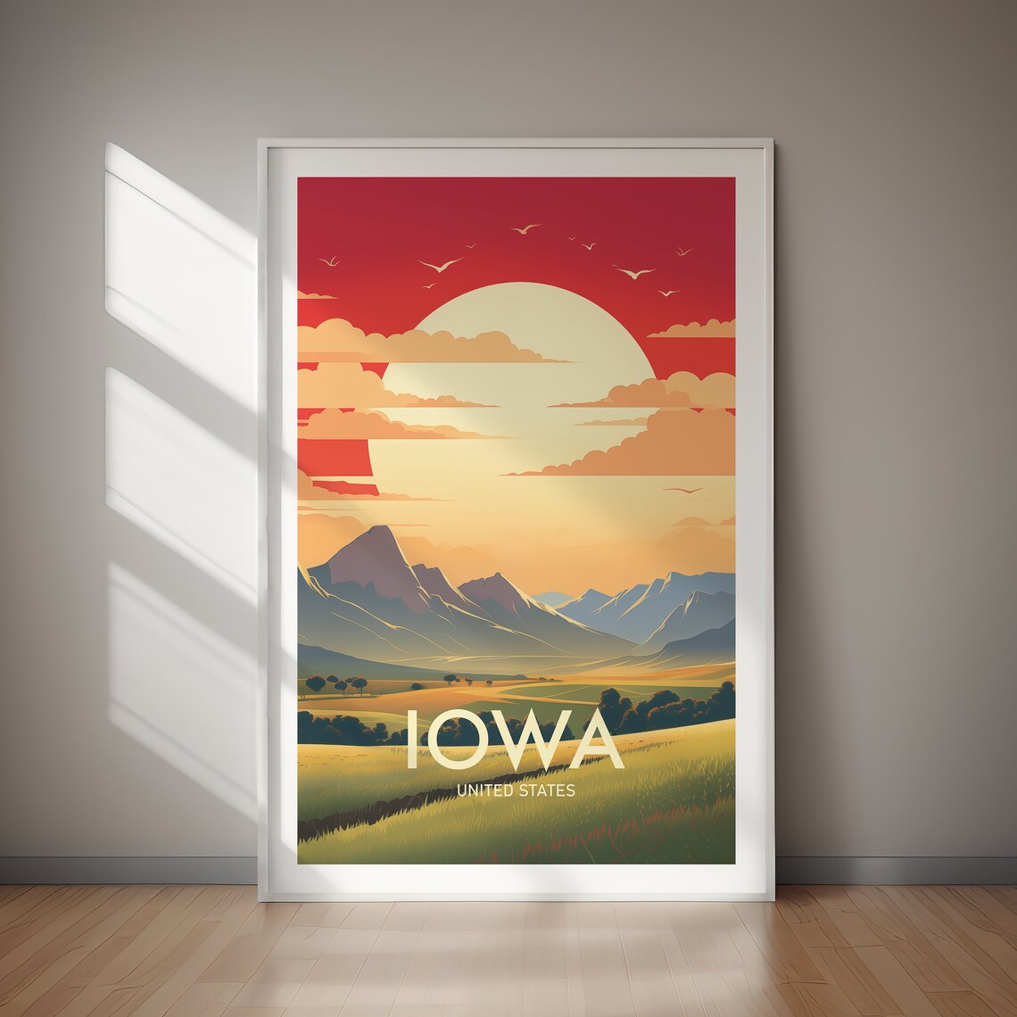 Iowa Rolling Green Fields Retro Sunset Vintage Travel Poster