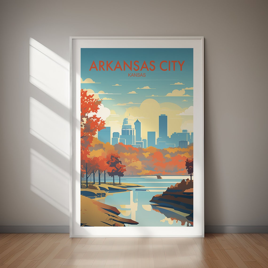 Arkansas City Kansas Skyline River Fall Retro Travel Poster Artwork