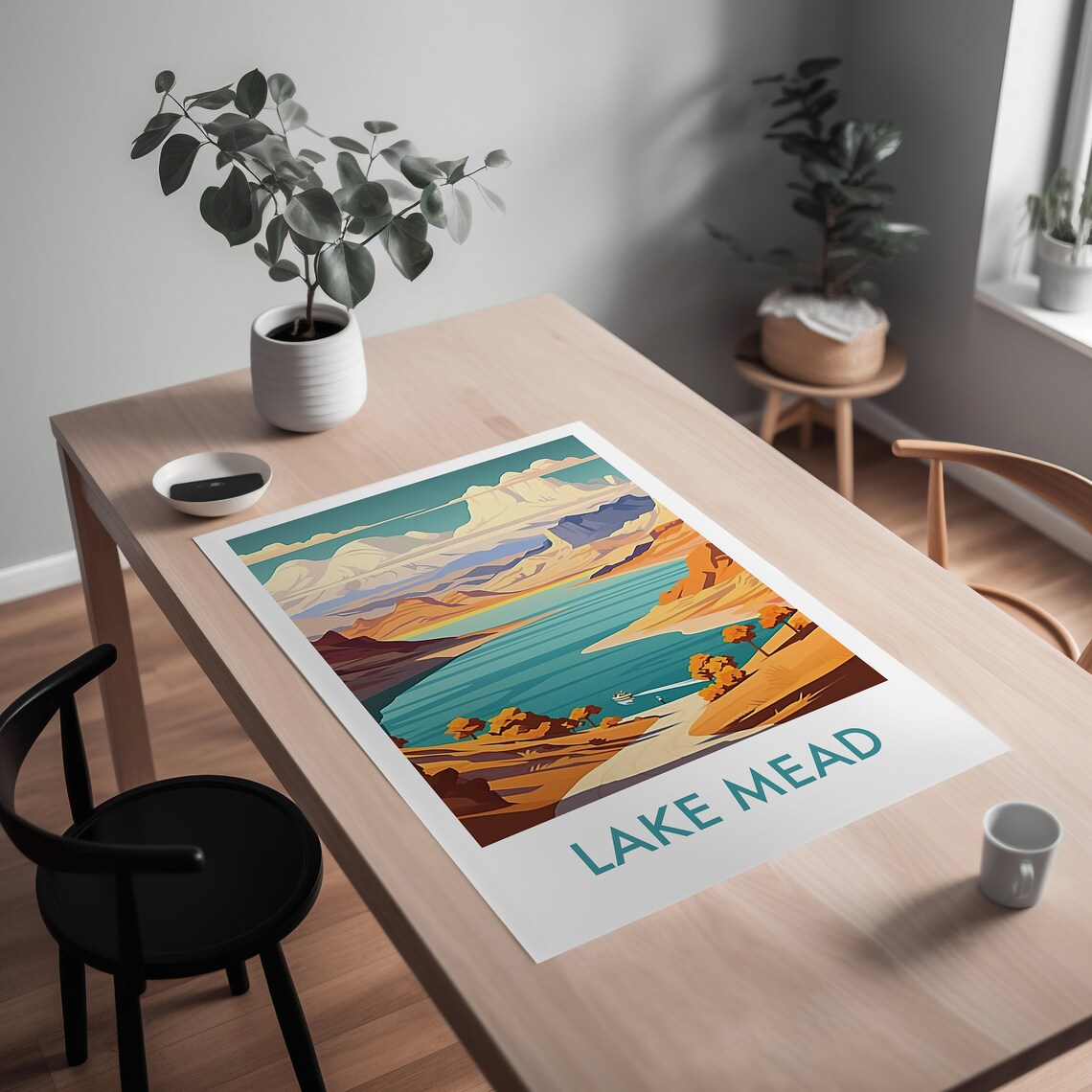 Lake Mead Desert Canyon Boat Lake Sunset Vintage Travel Art Poster - Image 2