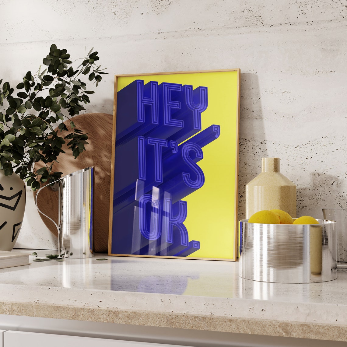 Hey It's Ok Bold Typography Blue Yellow Retro Statement Poster