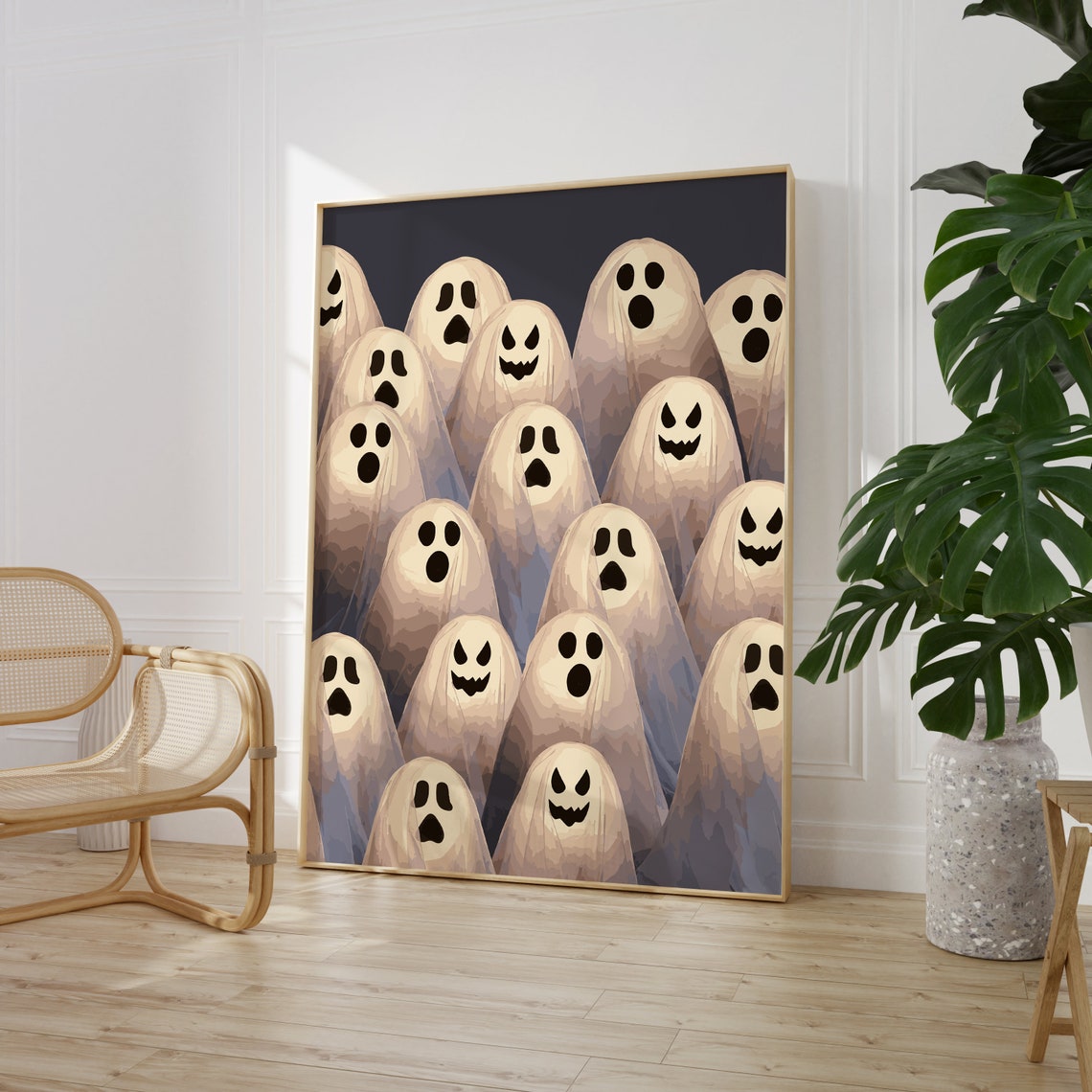 Cute Sheet Ghosts Pattern Funny Faces Navy Blue Adorable Poster - Image 3