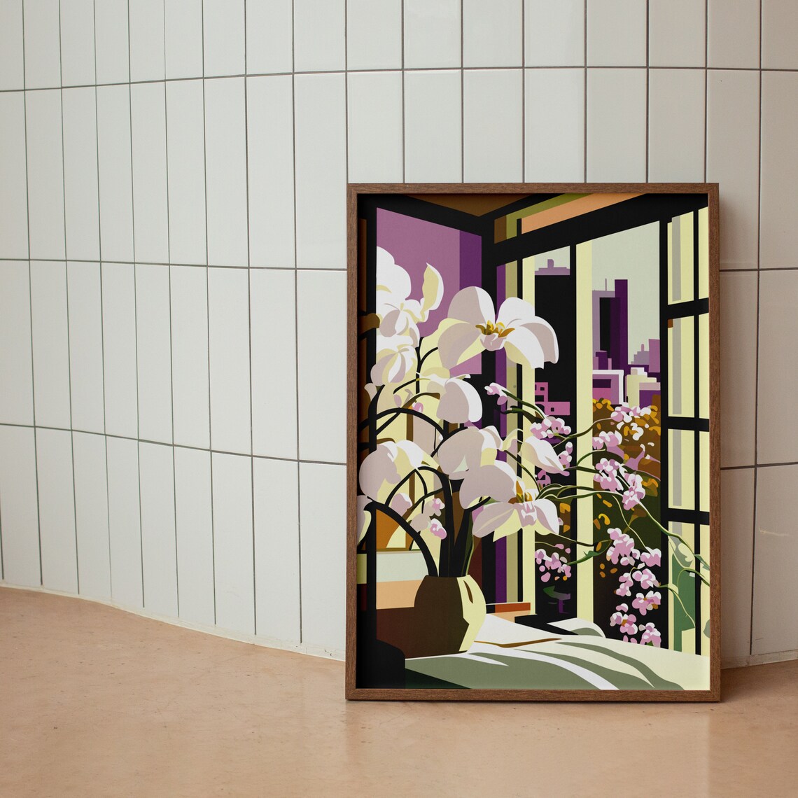 Dreamy Pink Orchids City Window View Floral Illustration Poster - Image 2
