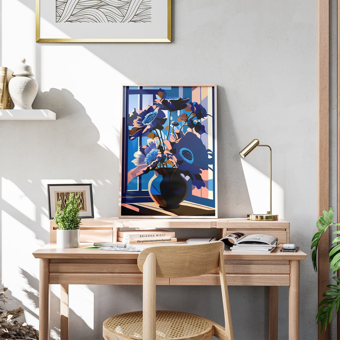 Serene Blue Anemones Dark Vase Moody Floral Illustration Poster - Image 3