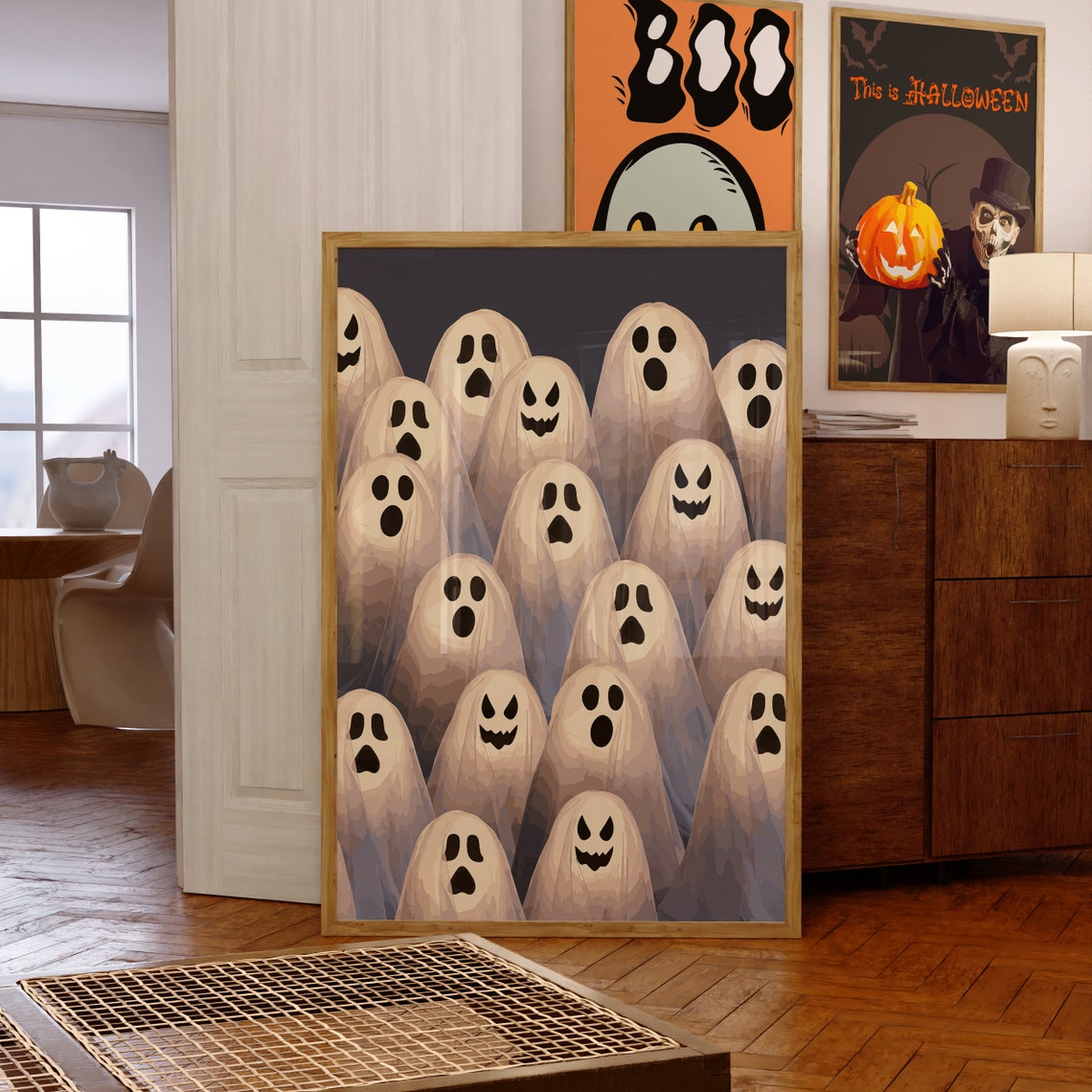 Cute Sheet Ghosts Pattern Funny Faces Navy Blue Adorable Poster - Image 4