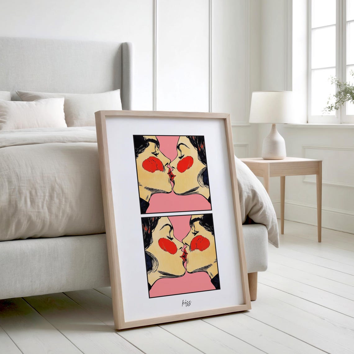 Kiss Pop Art Couple Retro Pink Comic Romance Valentines Art Poster