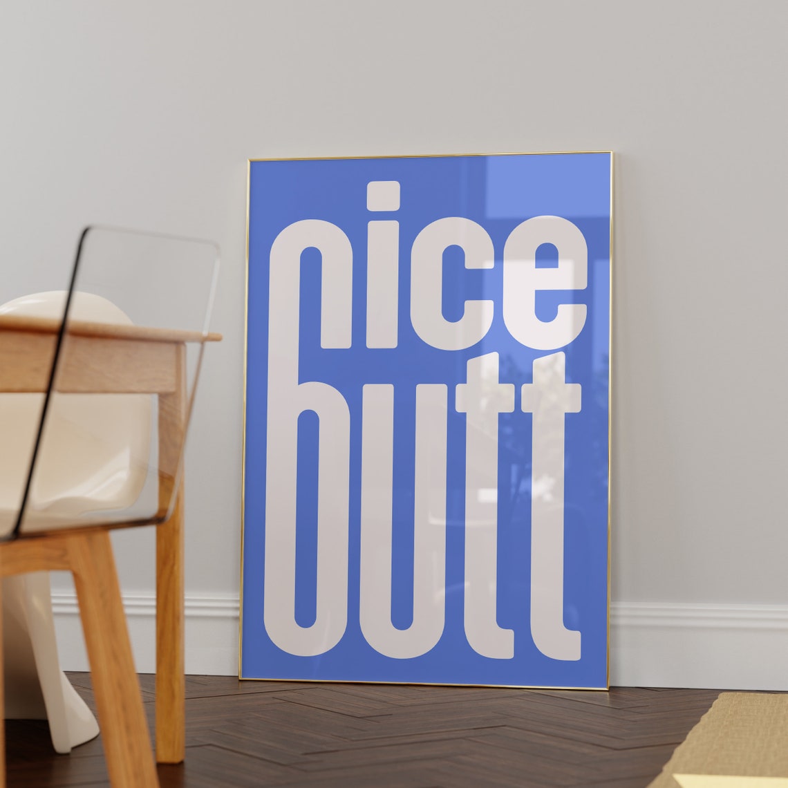 Nice Butt Minimalist Blue White Tall Lettering Funny Bathroom Poster