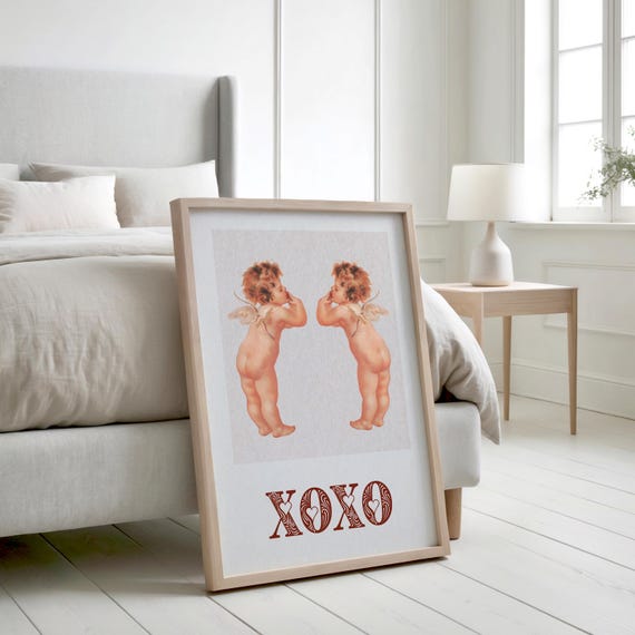 Xoxo Cute Angels Print Minimalist Valentines Day Decor Valentines Day Romantic Wall Art Retro Wall Decor Typography Art