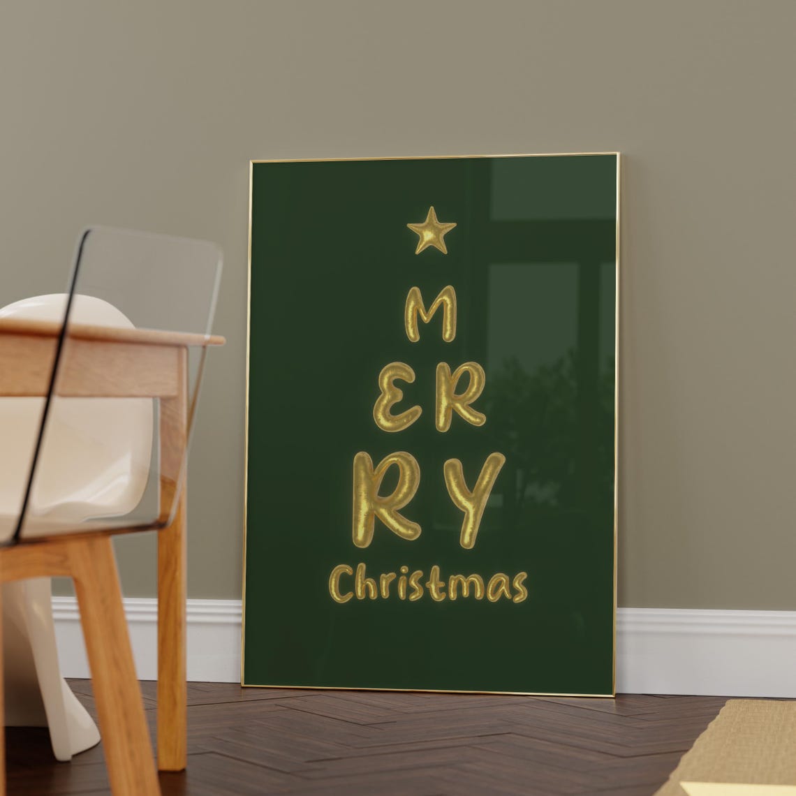 Merry Christmas Gold Balloon Tree Letters Deep Green Holiday Poster