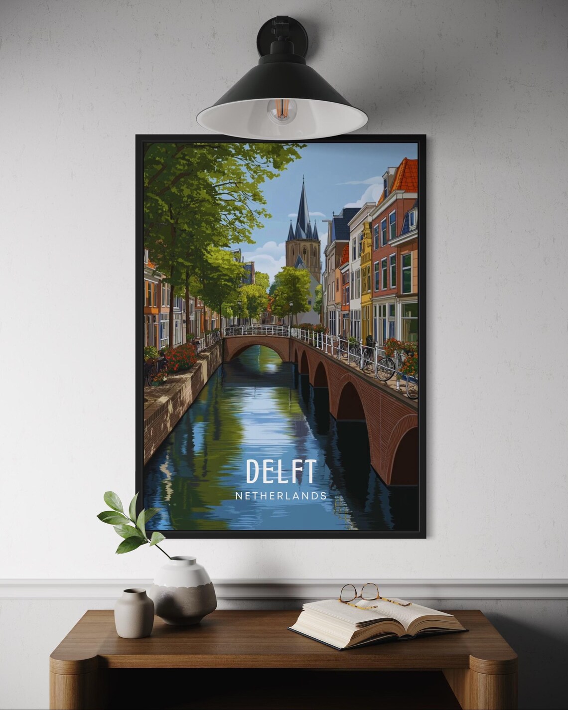 Delft Netherlands Canal Brick Bridge Church Tower Travel Poster