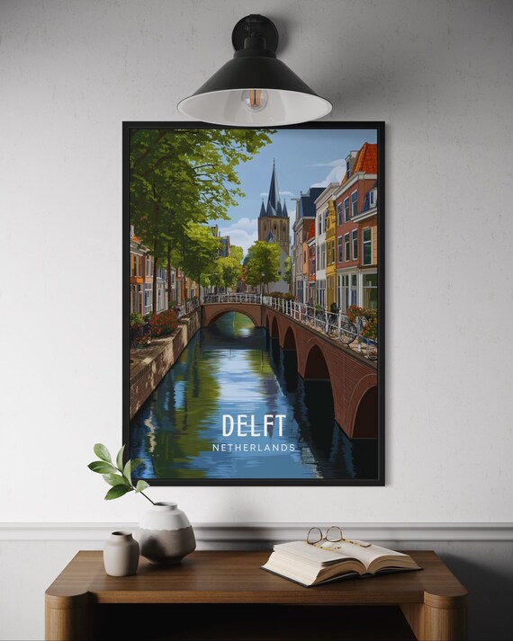 Delft Netherlands Canal Brick Bridge Church Tower Travel Poster