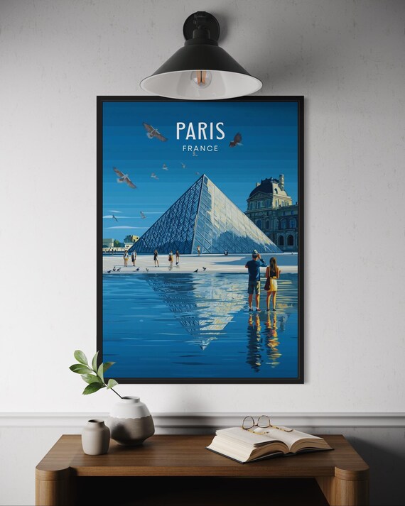 Paris France Louvre Pyramid Iconic Landmark Blue Travel Poster