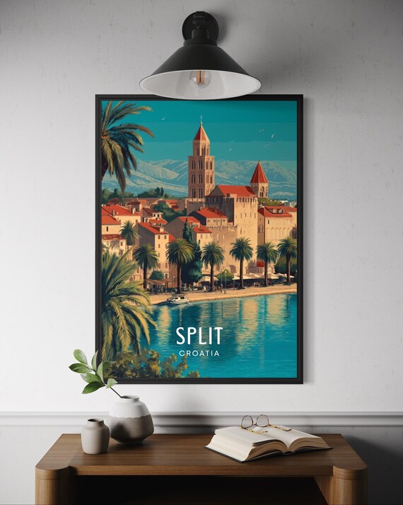 Split Croatia Old Town Cathedral Palace Sunset Palms Travel Poster