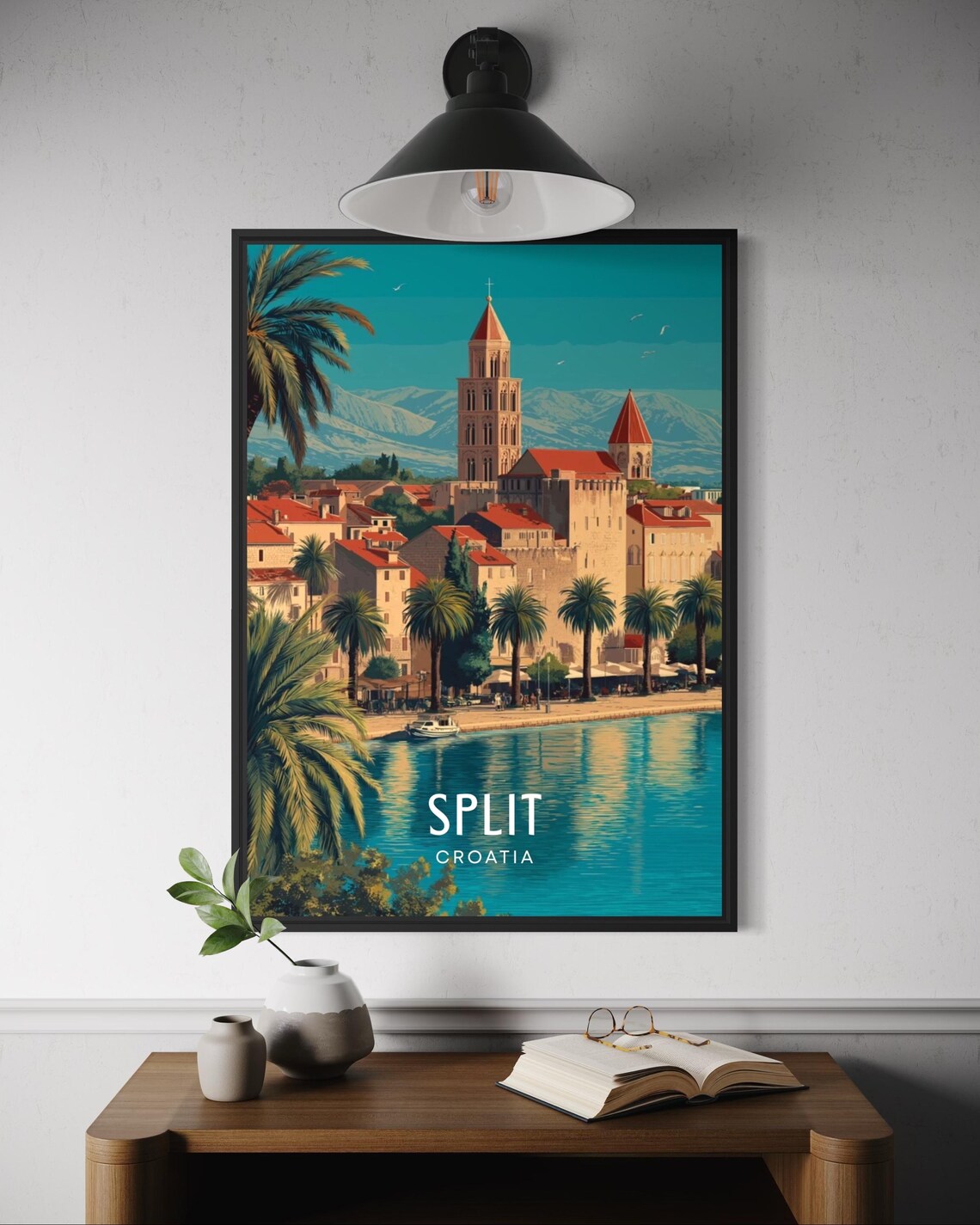 Split Croatia Old Town Cathedral Palace Sunset Palms Travel Poster