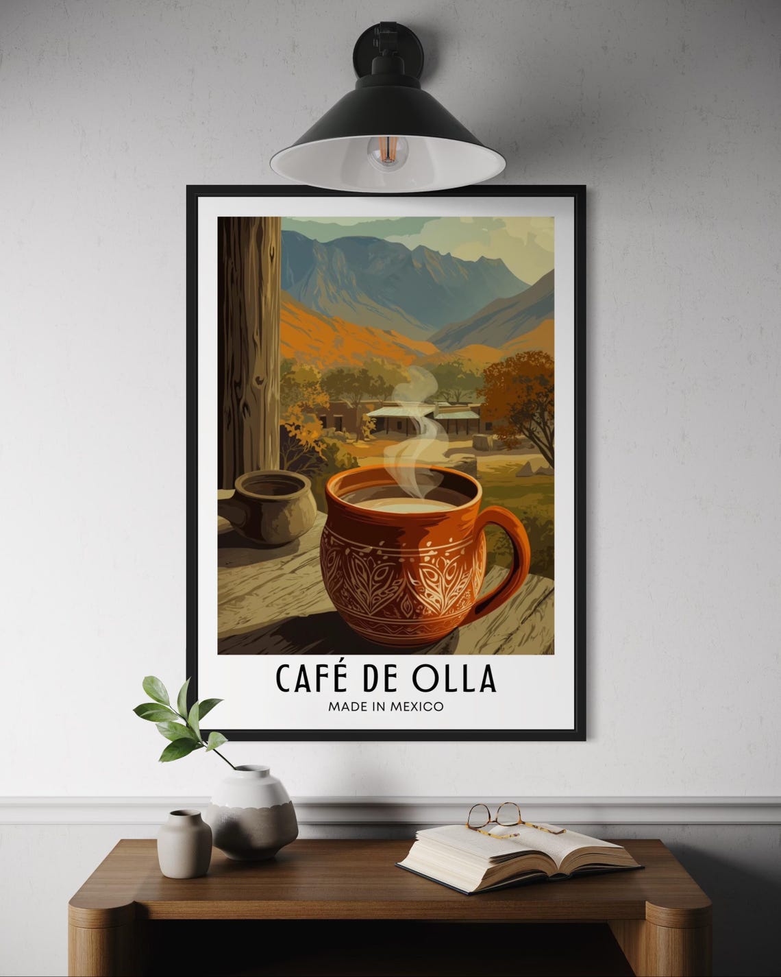 Cafe de Olla Made in Mexico Steaming Clay Mug Mountain View Poster