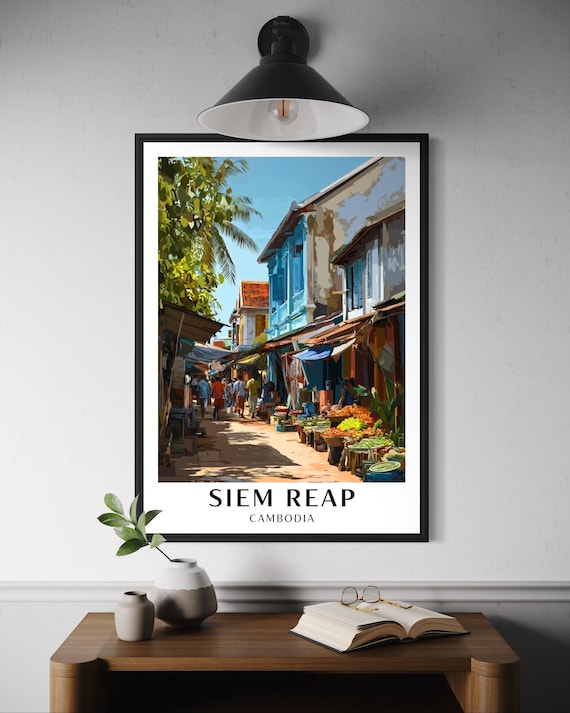 Siem Reap Cambodia Colorful Market Street Shops Old Town Travel Poster