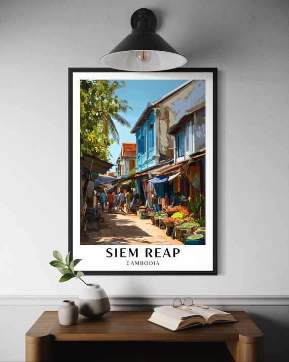 Siem Reap Travel Poster Cambodia Market Wall Art Asian Old Town Southeast Asia City Print Wanderlust Home Decor Cambodian Artwork