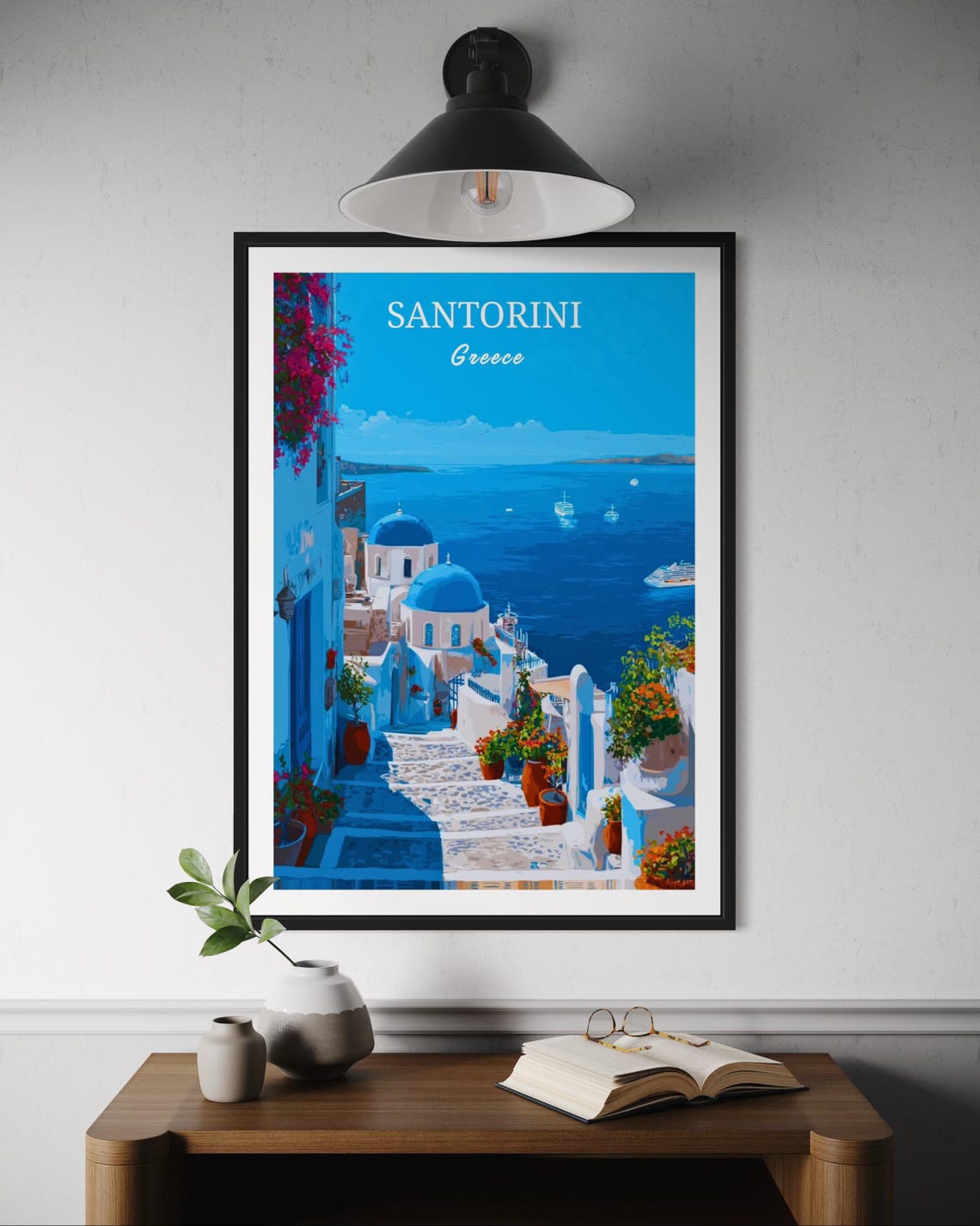Santorini Greece Blue Dome Churches Aegean Sea View Poster Art